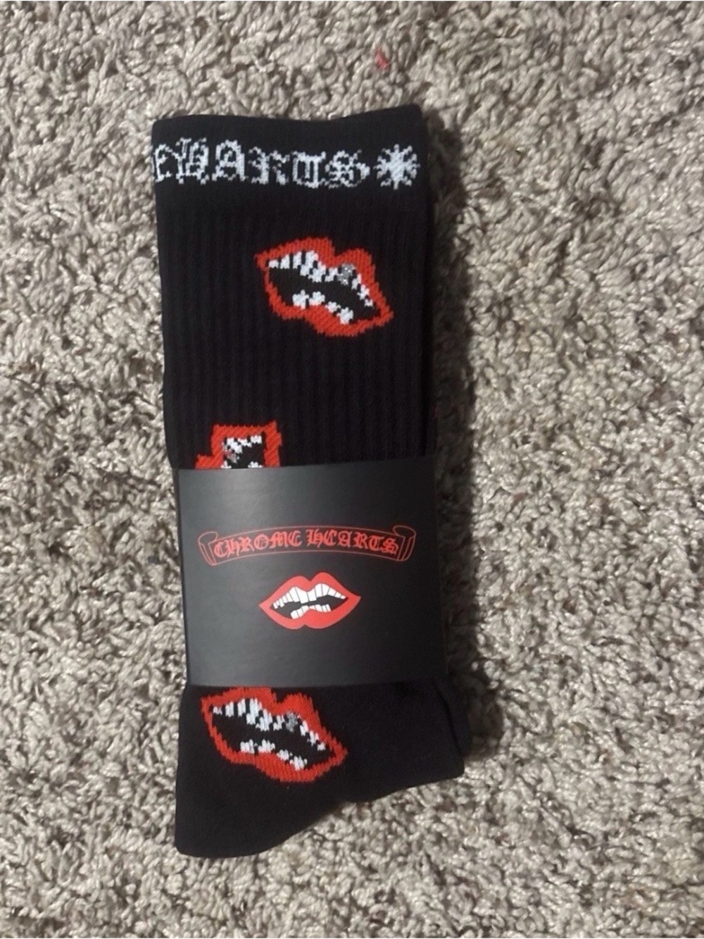 Chrome Hearts Black Crew Socks with Red Lip Graphics